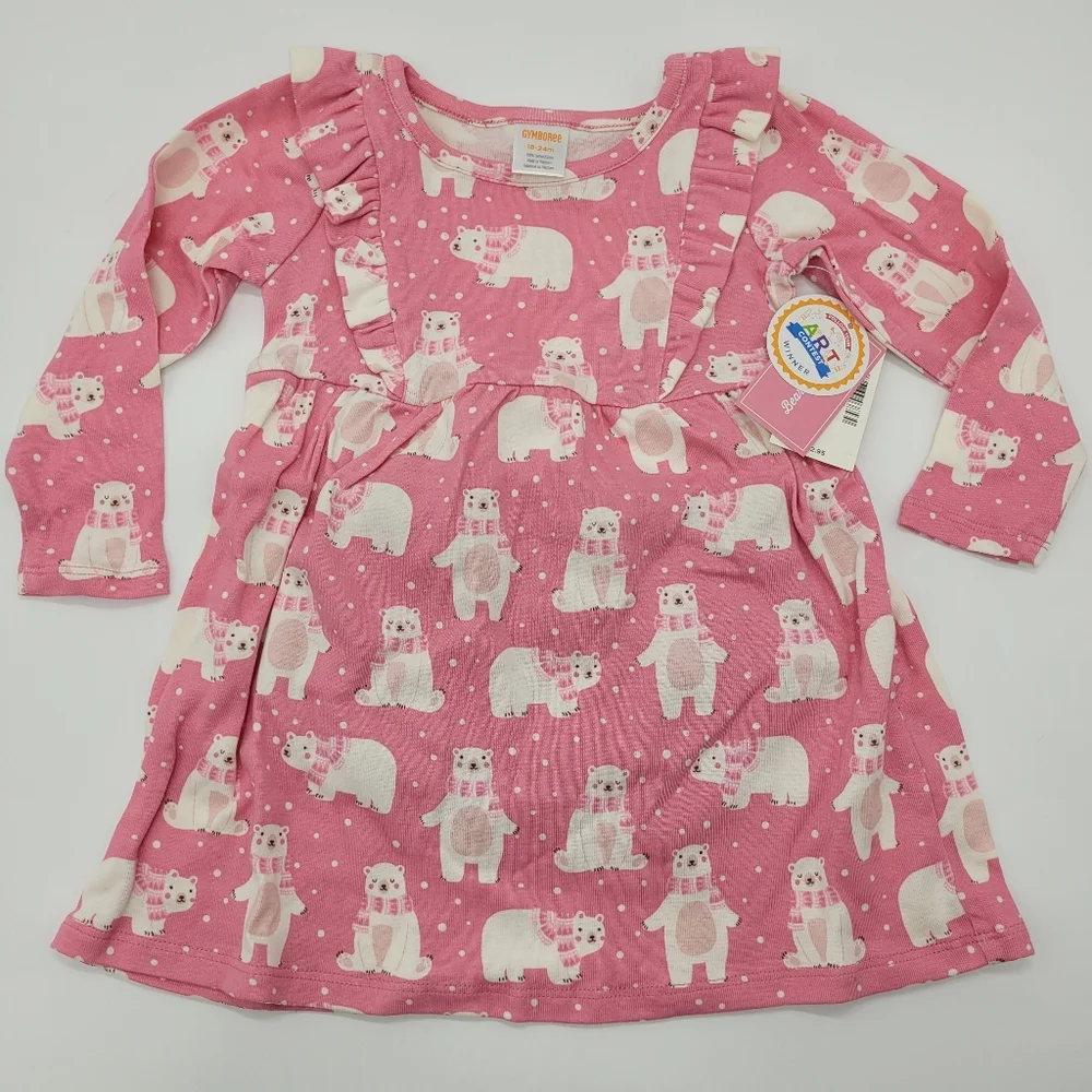 Gymboree Dress Pink Bear Print Long Sleeve Ruffle Stretch Cotton Sz 18-24mo NEW